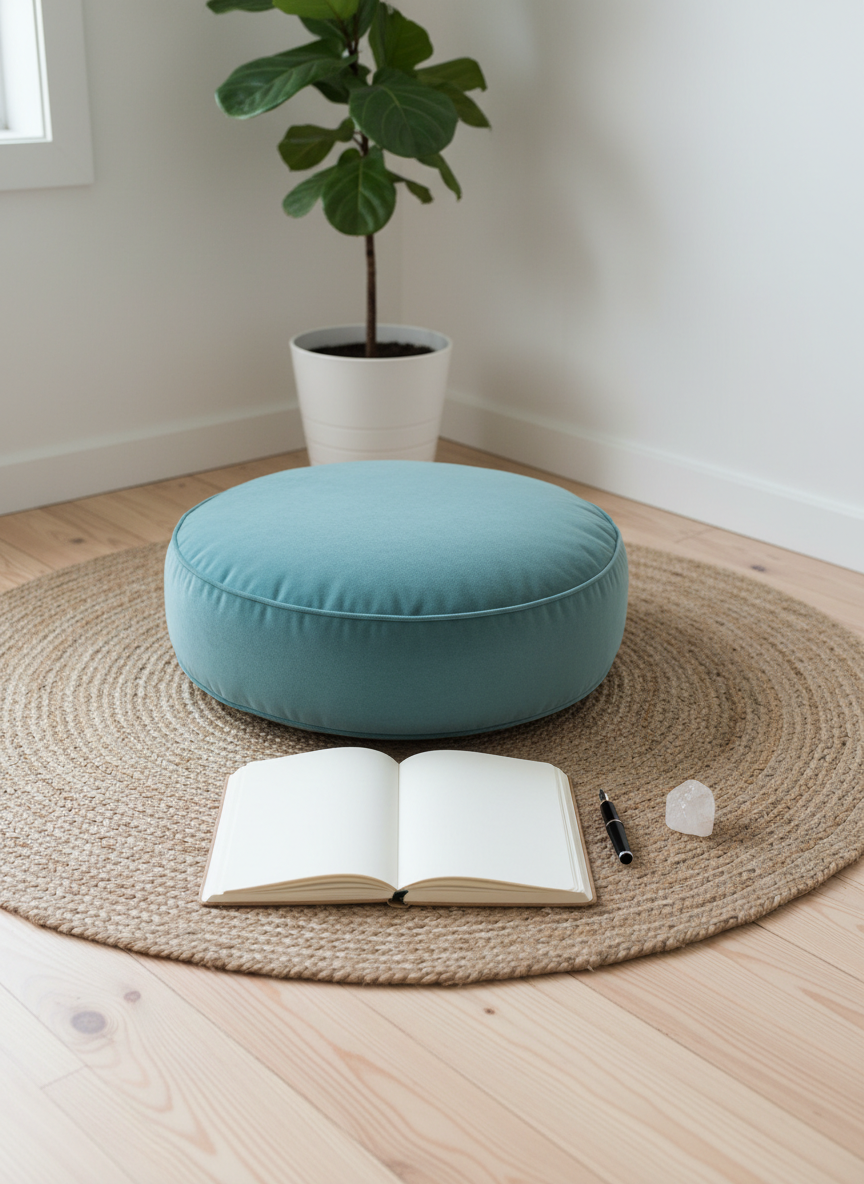 A neatly arranged Kundalini yoga corner featuring a plush round meditation cushion in muted teal, placed on a woven jute rug atop light pine floorboards. In front of the cushion lies an open blank journal with a smooth kraft-paper cover, beside a capped fountain pen and a small polished crystal. Behind, a tall green indoor plant in a matte white pot softens the corner, while a simple white wall keeps the setting minimal. Soft overcast daylight enters from an unseen window, creating diffused, shadowless illumination that calms the scene. The mood is introspective and balanced, inviting reflection after yoga and meditation. Photographic realism with a slightly elevated angle and balanced composition, everything in sharp focus to emphasize textures of fabric, paper, and natural fibers, with no people present.