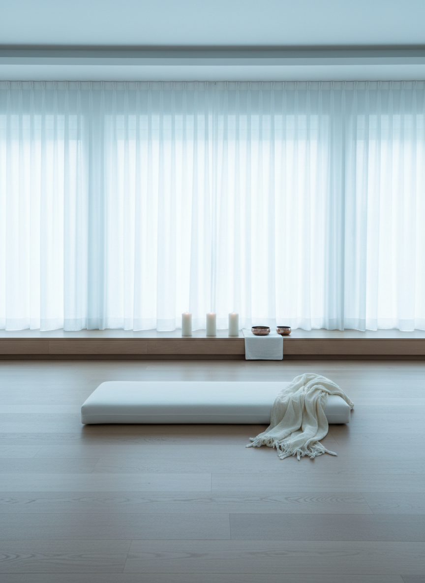 A minimalist meditation room designed for Kundalini practice with a single elongated white cushion, three unlit pillar candles, and sheer curtains diffusing cool morning light.