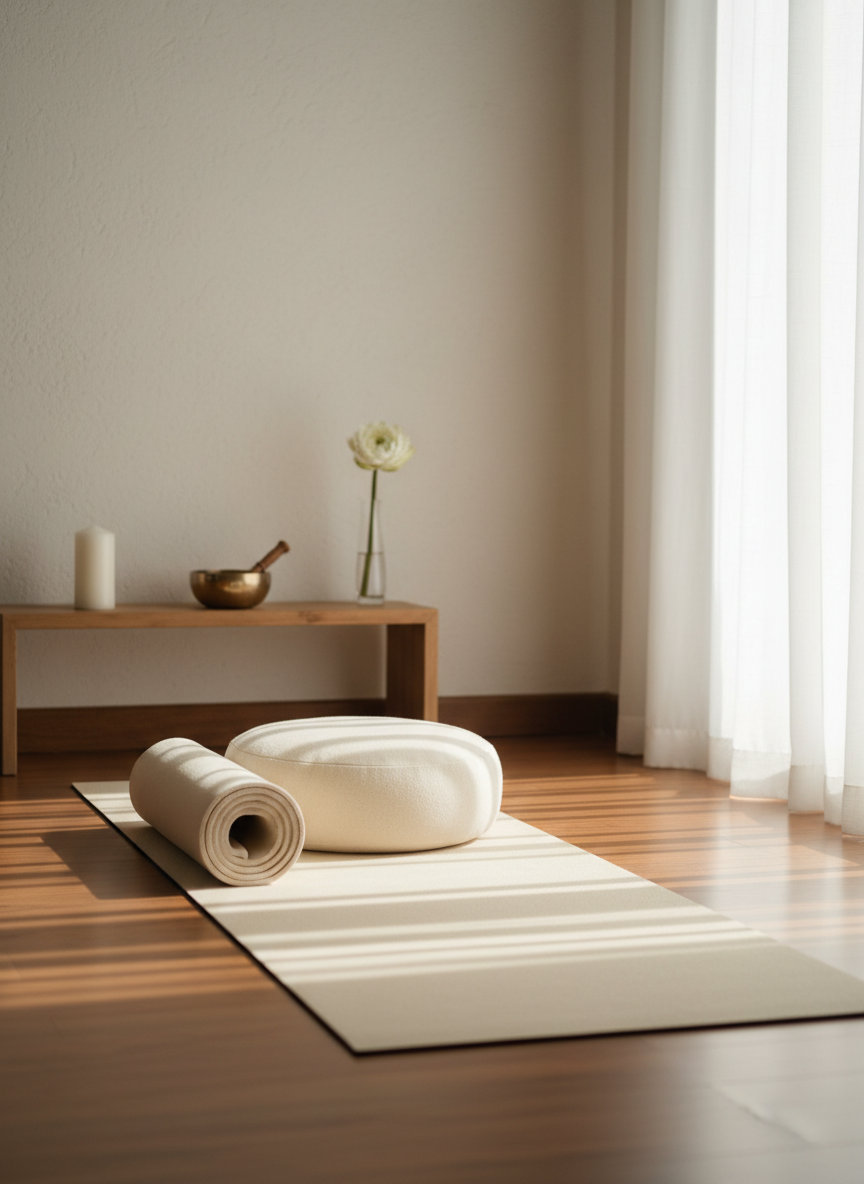 A serene Kundalini yoga space prepared for practice, with a neatly rolled ivory yoga mat centered on warm wooden flooring and a soft wool meditation cushion at the top of the mat. Behind it stands a simple natural-wood altar shelf holding an unlit white candle, a small brass singing bowl, and a single white lotus flower in a clear glass vase. Soft morning light filters through sheer curtains from a large window, creating gentle highlights and elongated shadows. The atmosphere feels peaceful and professional, emphasizing inner calm and clarity. Photographic realism, eye-level composition with the mat placed using the rule of thirds, medium depth of field so the mat and altar are crisp while the background softly blurs, conveying focus and readiness for Kundalini practice without any human presence.