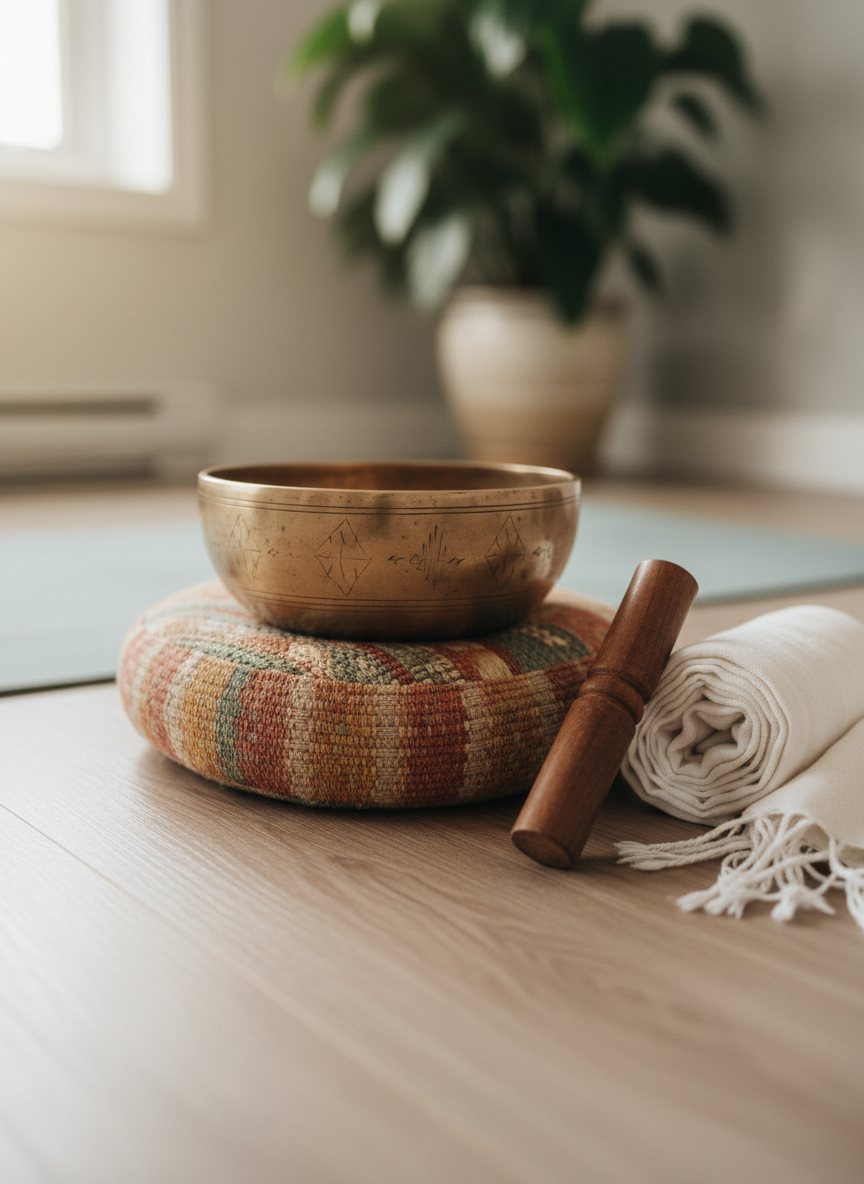 A detailed close-up of a brass singing bowl resting on a handwoven cushion in muted earth tones with a coiled white cotton shawl and wooden striker, warmly side-lit.