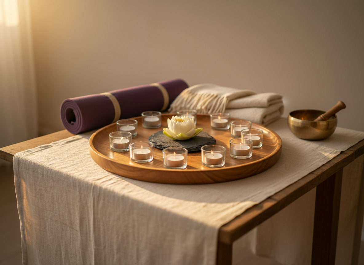 An atmospheric altar-like setup symbolizing Kundalini energy: a smooth, circular wooden tray placed on a linen-covered low table holds a spiral arrangement of seven small glass tealight holders, each containing an unlit white candle. At the center of the spiral rests a single white lotus blossom on a dark slate stone. Around the tray lie a rolled yoga mat, a folded shawl, and a closed singing bowl with a wooden striker, all slightly out of focus. A soft golden-hour glow from the left side creates warm highlights on the glass and gentle reflections on the tabletop. The background is a simple, light-toned wall, ensuring a clean professional look. Shot from slightly above with shallow depth of field, the image feels sacred, calm, and focused on subtle transformation, in realistic photographic style without any human figures.