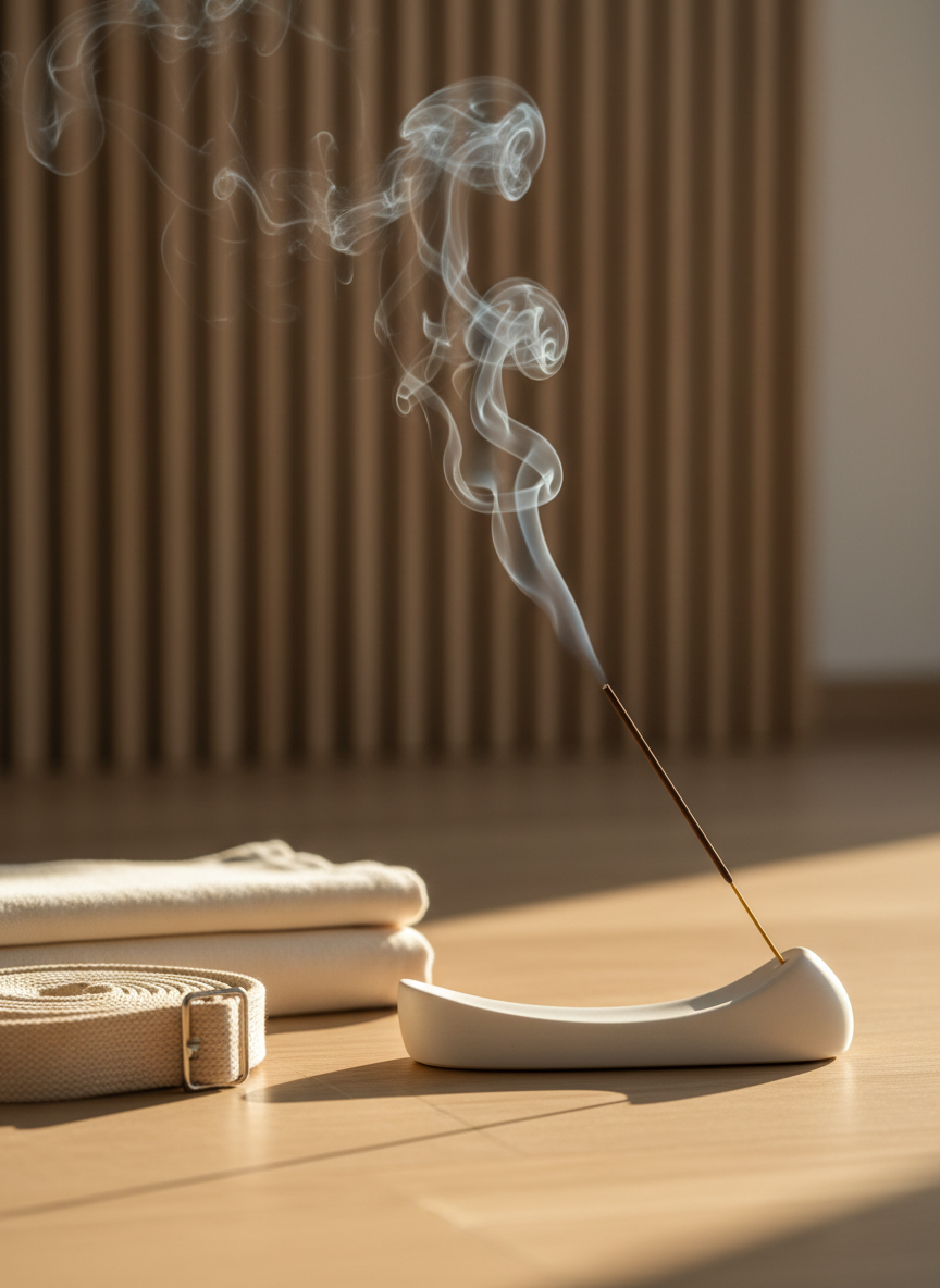 A close-up photographic view of a white ceramic incense holder shaped like a gentle curve, with a single thin incense stick resting in it, sending up a delicate, twisting trail of smoke. The holder sits on a smooth, light oak floor next to a folded cream-colored cotton blanket and a coiled natural-fiber yoga strap. In the softly blurred background, vertical wooden slats suggest a studio wall in Rosenheim, minimalist and uncluttered. Warm late-afternoon natural light pours in from the right, catching the smoke and creating a subtle golden shimmer. The mood is deeply tranquil and introspective, ideal for meditation and breathwork. Shot from a low, slightly angled perspective with shallow depth of field, in clean, modern photographic realism.