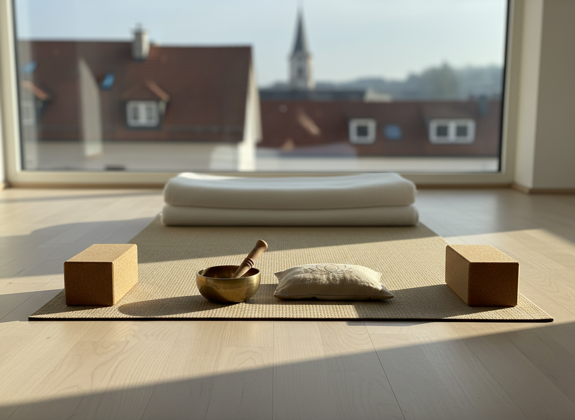 A detailed photographic scene of a yoga mat prepared for Kundalini breathwork: a long, sand-colored mat lies flat on pale wooden floorboards, with a neatly folded white cotton blanket at its top edge and a pair of cork yoga blocks aligned symmetrically on either side. At the center of the mat rests a small brass bell and a closed mala pouch made of soft linen. In the background, a large window reveals an out-of-focus hint of Bavarian rooftops, suggesting Rosenheim without drawing attention. Gentle morning light streams in at a diagonal, casting soft, defined shadows and highlighting the organic textures. The mood is quietly energizing and orderly, suggesting structure and support. Eye-level composition, moderate depth of field, clean and professional photographic style.