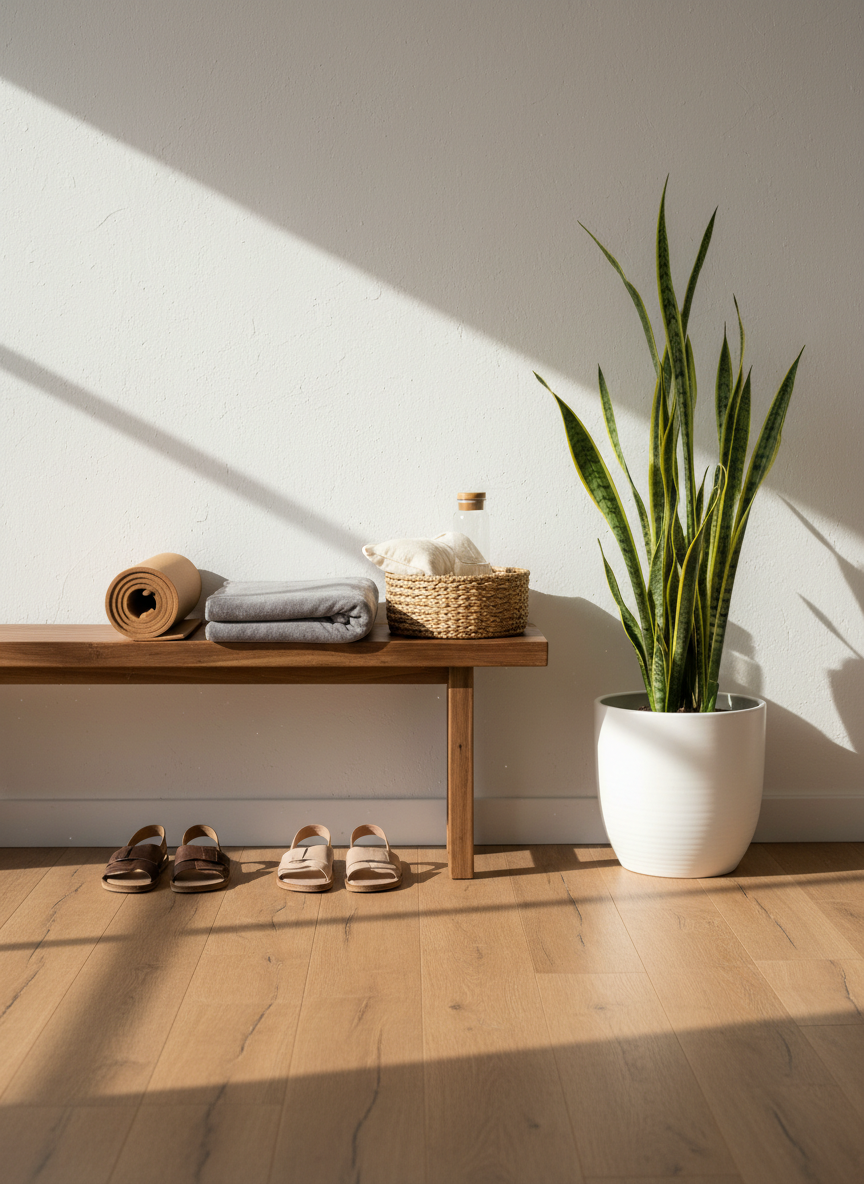 An inviting yoga studio entrance area with a wooden bench holding a rolled yoga mat, folded grey blanket, and woven basket, softly lit by late-morning light.