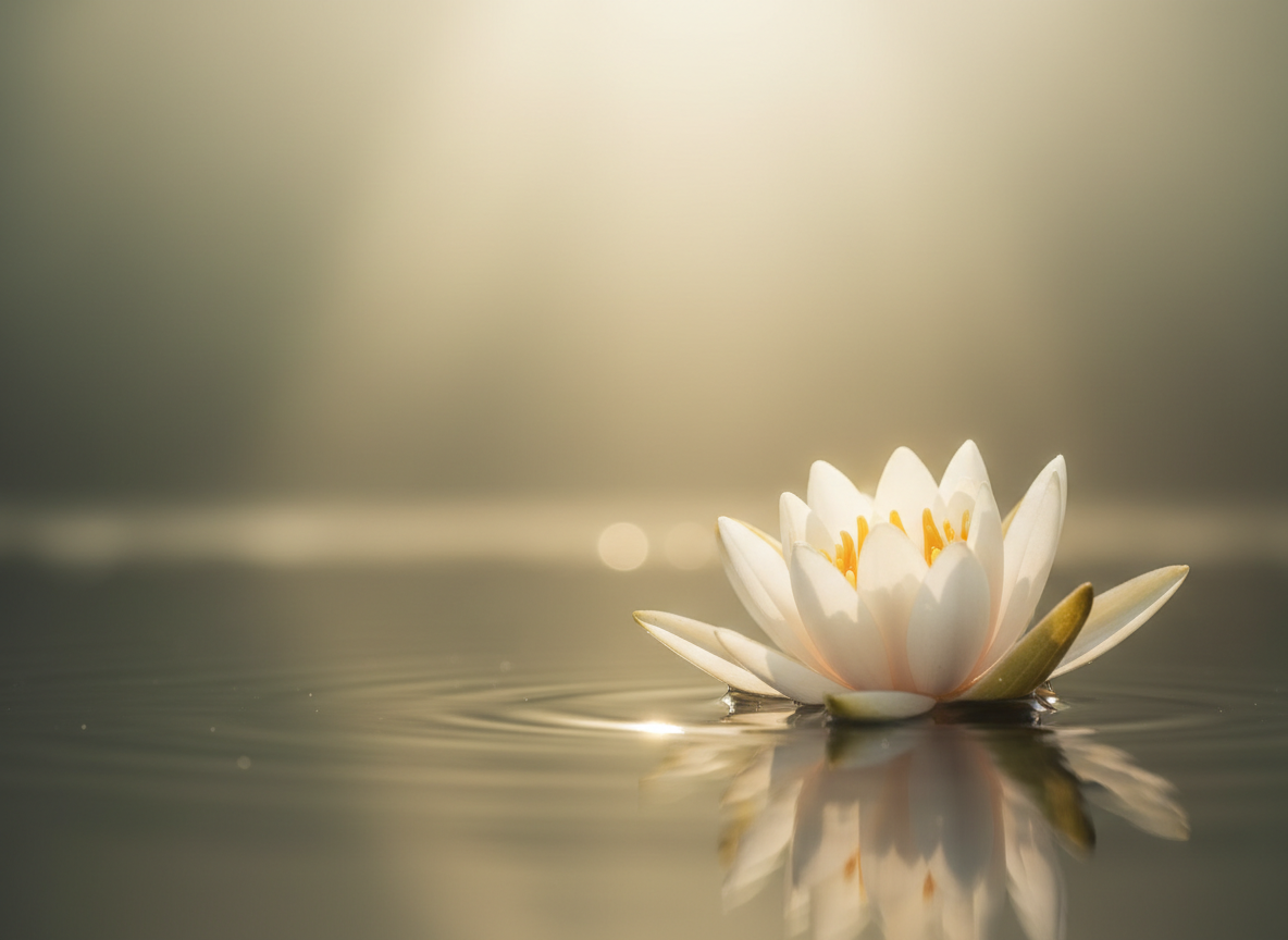 An artful close-up of a single white lotus flower floating in still water, softly lit by warm golden light, symbolizing purity, growth, and inner awakening.