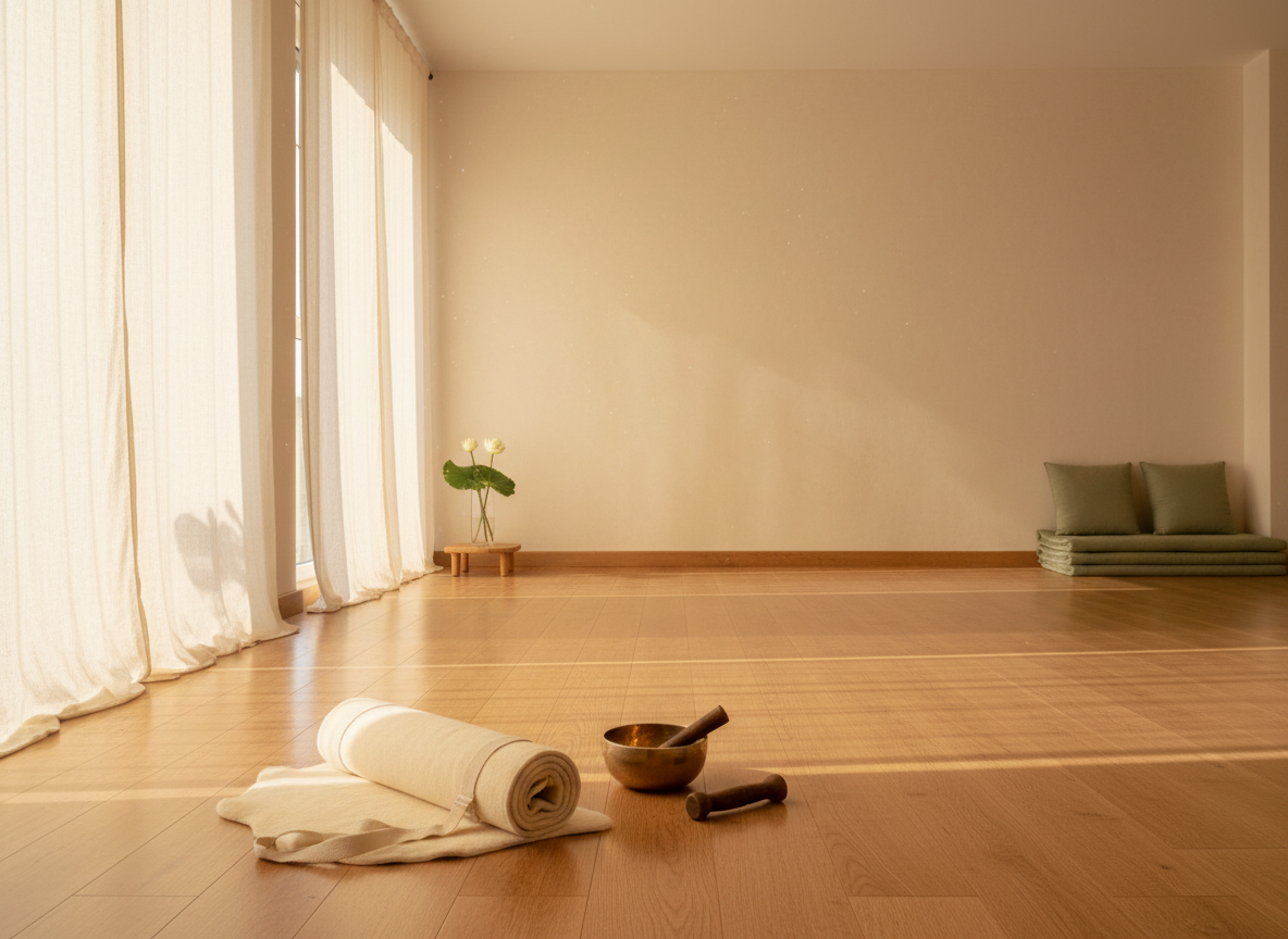 A serene, light-filled Kundalini yoga and meditation scene bathed in warm golden morning light with a rolled ivory yoga mat, brass singing bowl, and white lotus flower in a minimalist wooden studio.